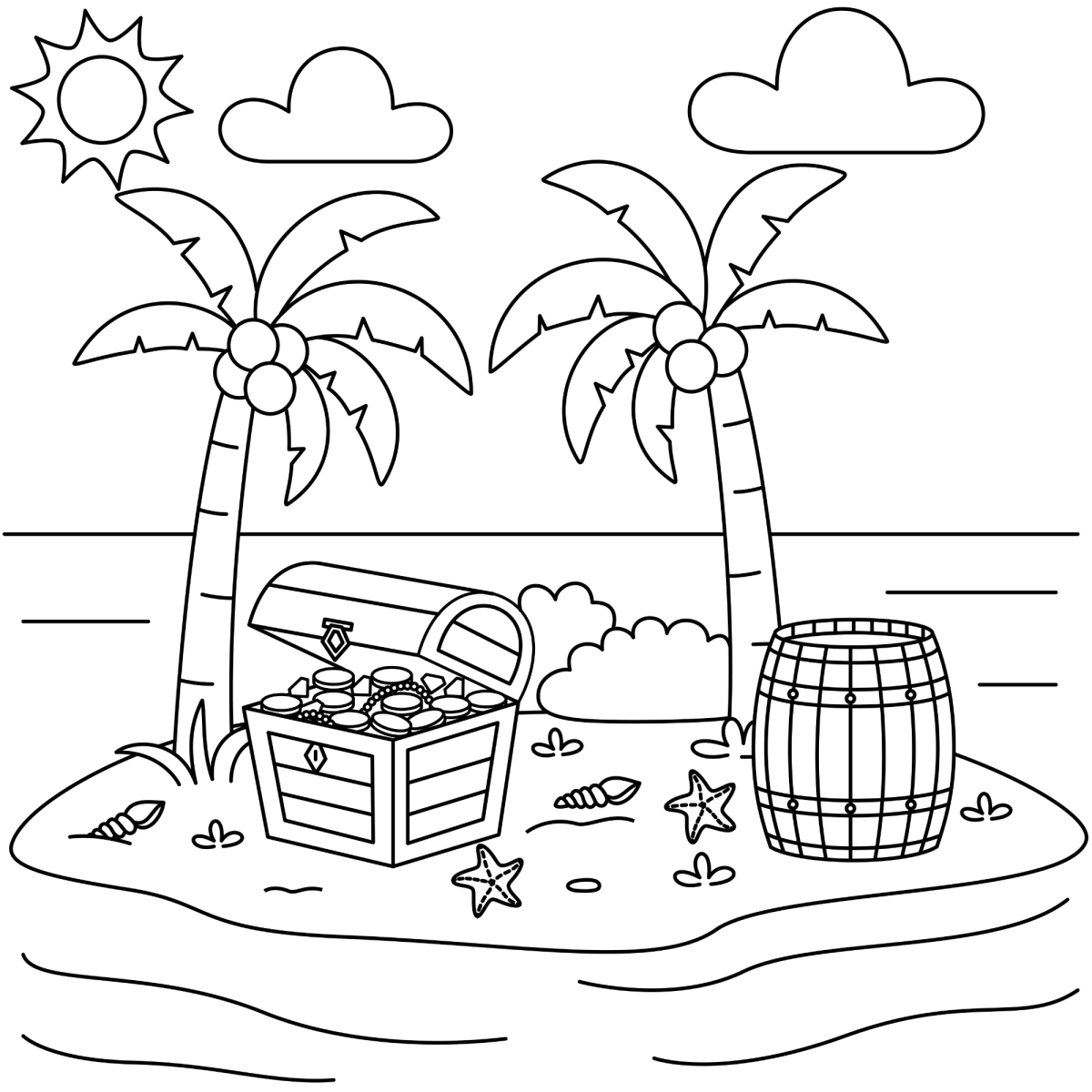 Ilha do tesouro com palmeiras, baú e barril para colorir