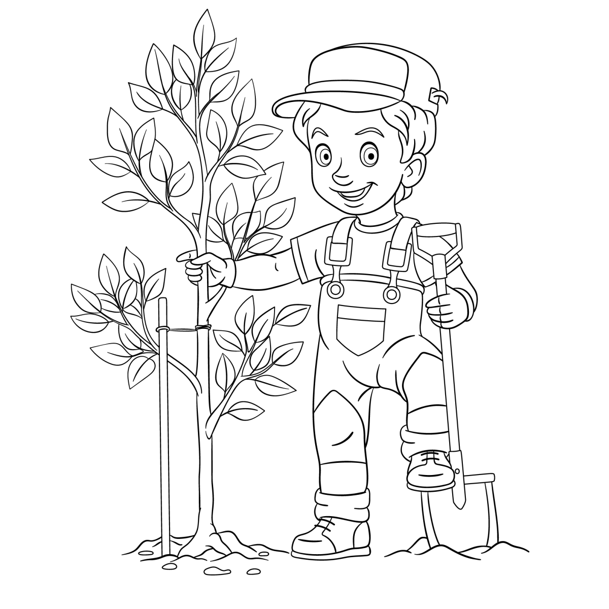 Jardineiro plantando árvore jovem para colorir