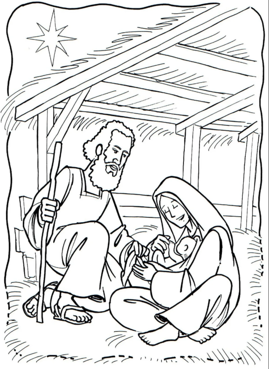 José e Maria com o bebê dentro do estábulo para colorir