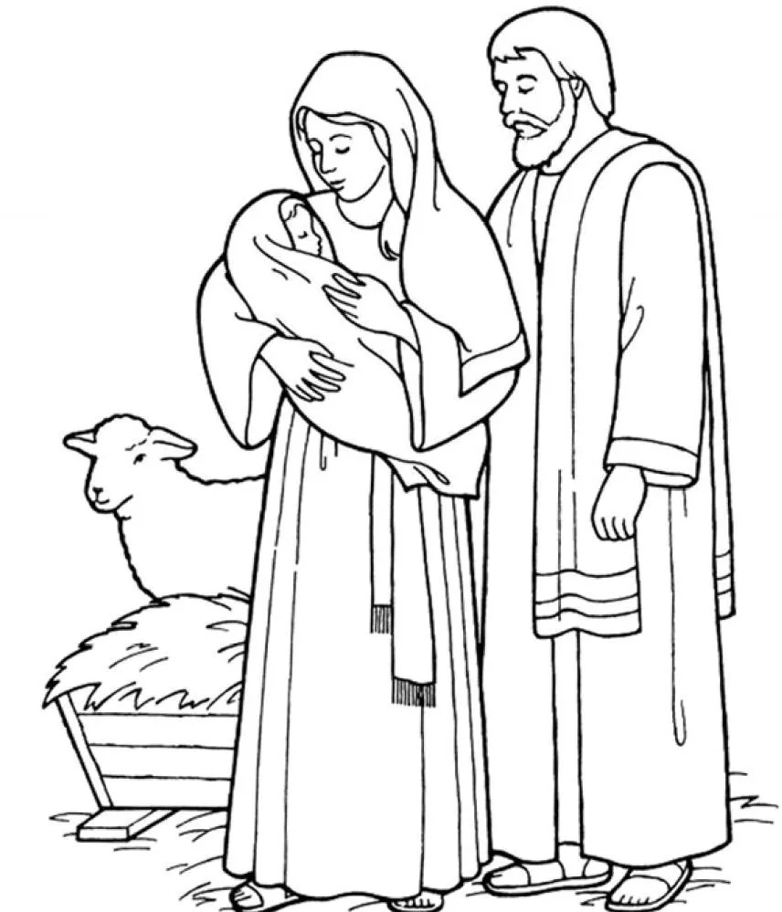 José e Maria com o bebê no colo e a ovelha para colorir