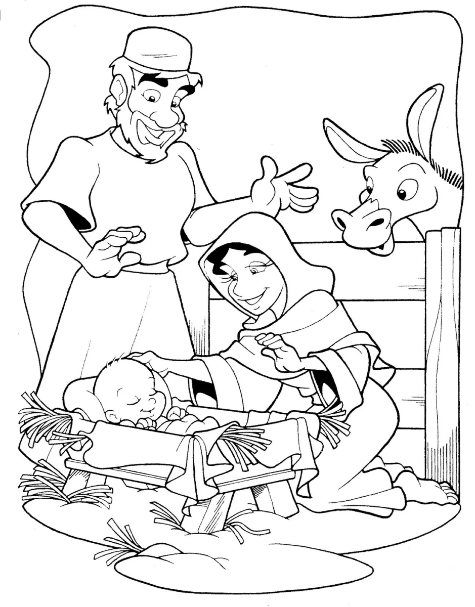 José, Maria, o Menino Jesus e o burrinho curioso para colorir