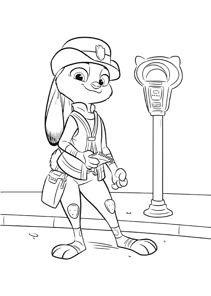 Judy Hopps ao lado do parquímetro para colorir