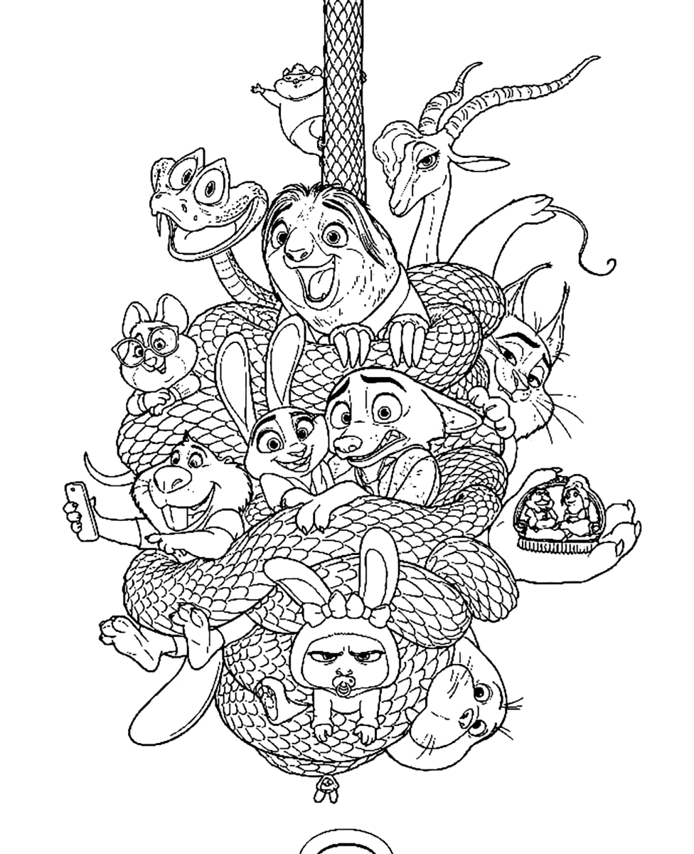 Judy Hopps e Nick Wilde com os personagens de Zootopia para colorir