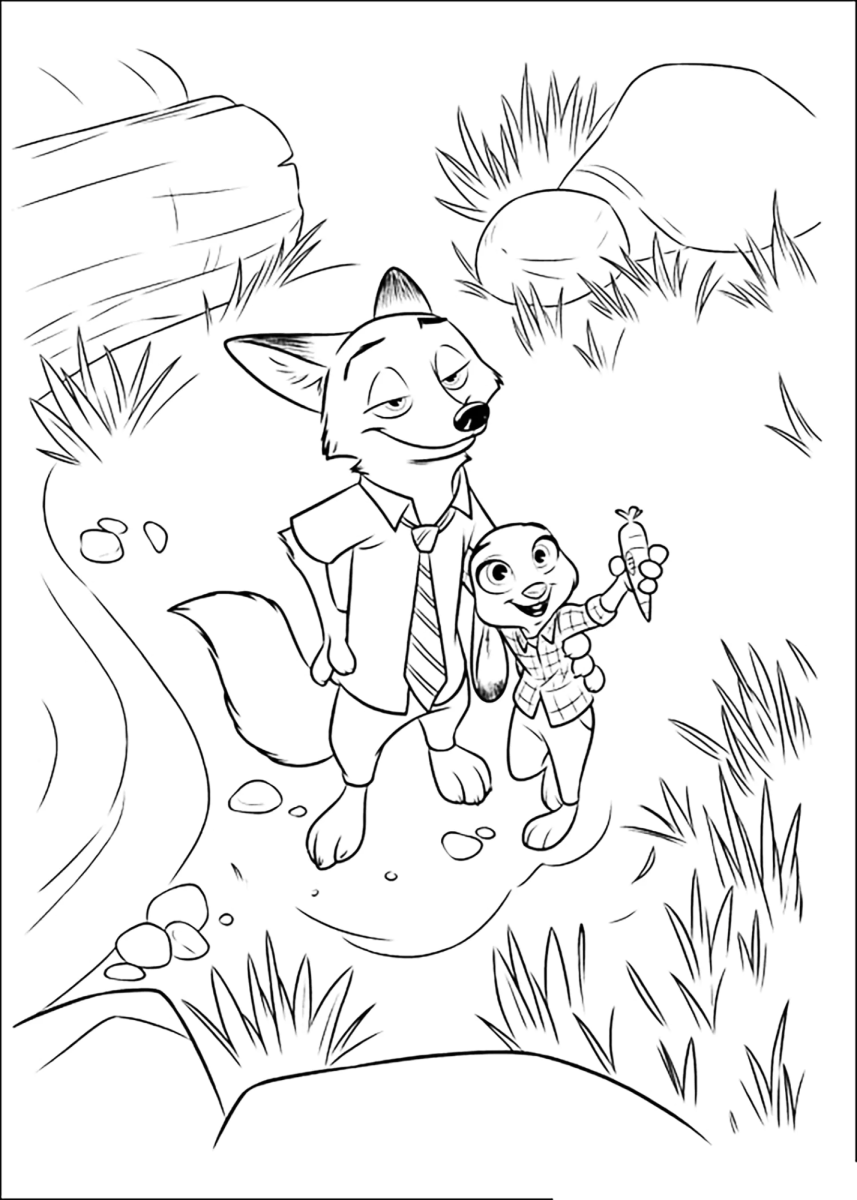 Judy Hopps e Nick Wilde na árvore para colorir