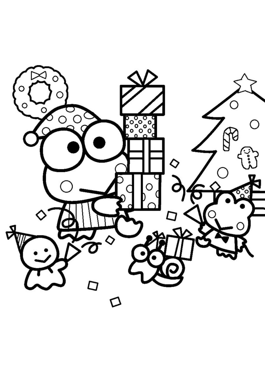 Keroppi com presentes de Natal para colorir