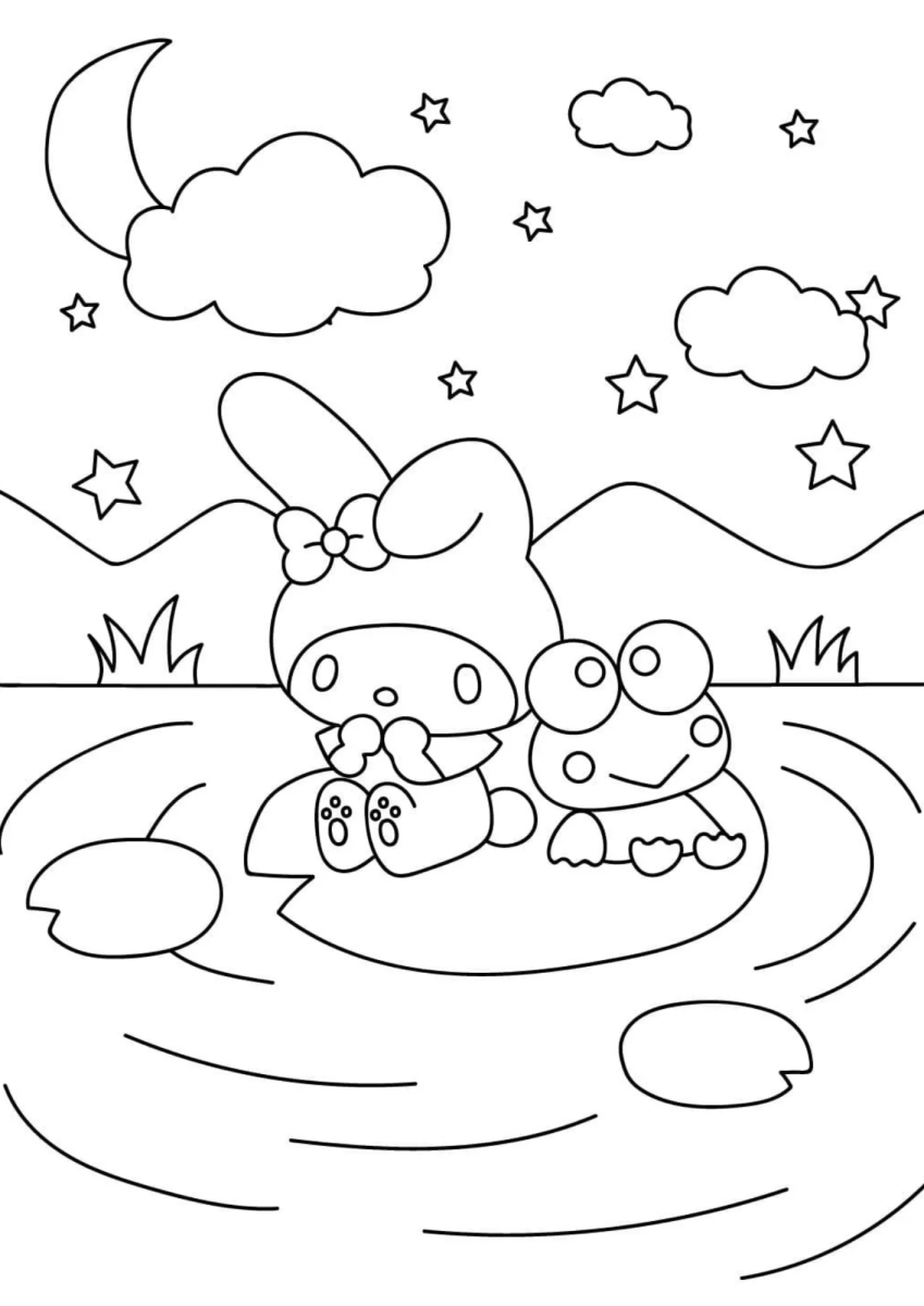 Keroppi e amigos na lagoa ao luar para colorir