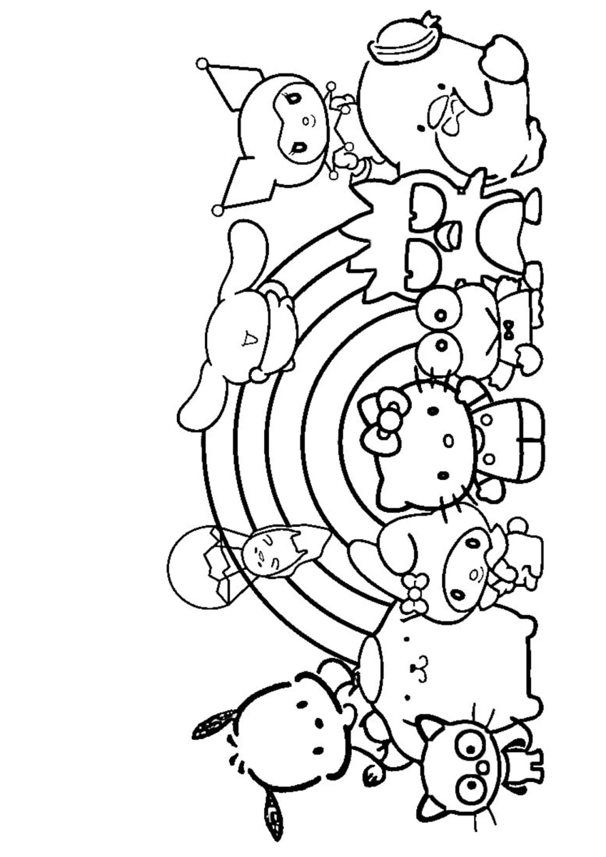 Keroppi e amigos no arco-íris para colorir