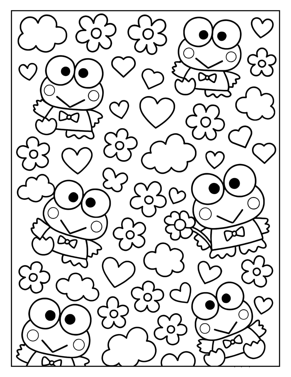 Keroppi entre flores e corações para colorir