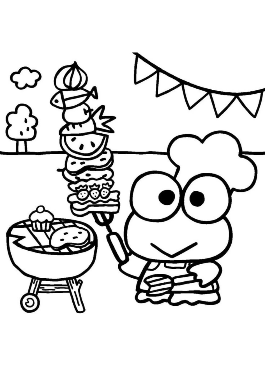 Keroppi fazendo churrasco na festa para colorir