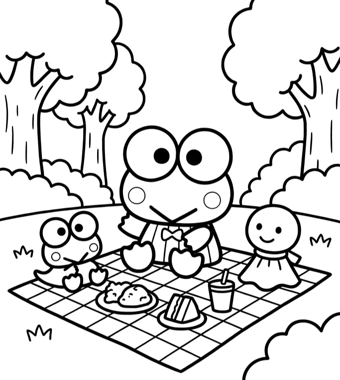 Keroppi fazendo piquenique no parque para colorir