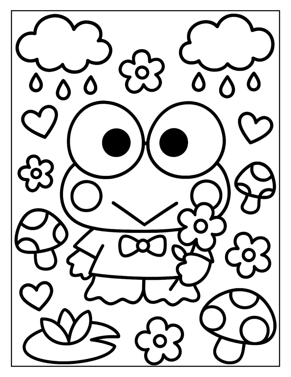 Keroppi na chuva com cogumelo e vitória-régia para colorir
