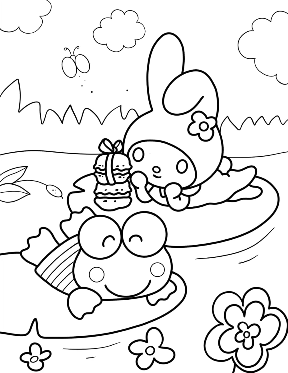 Keroppi nadando na lagoa com flores para colorir