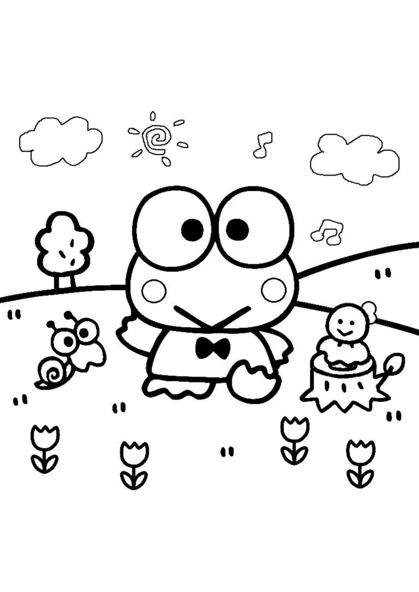 Keroppi no campo de tulipas para colorir
