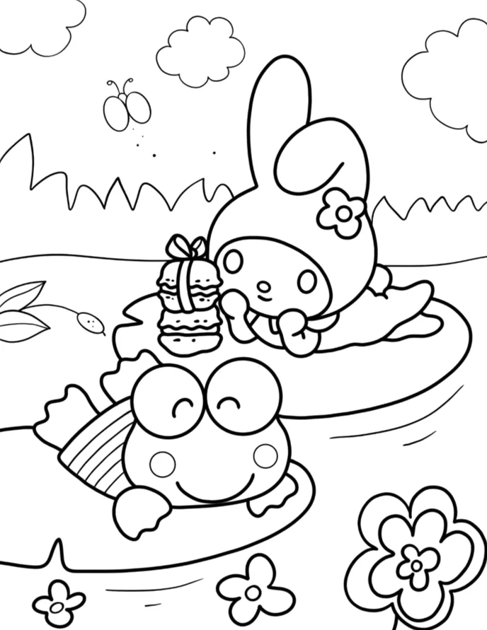 Keroppi remando na folha com amigos para colorir