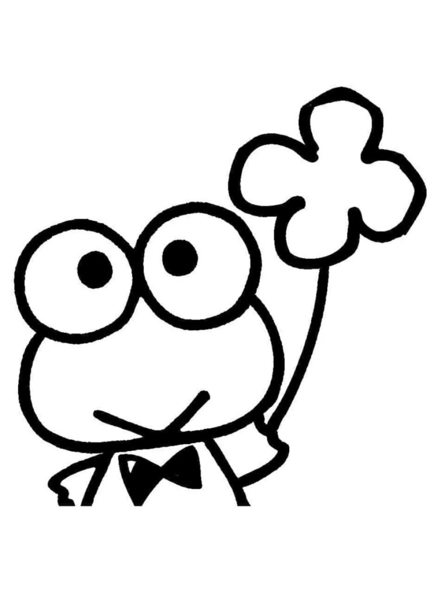 Keroppi segurando um trevo de quatro folhas para colorir