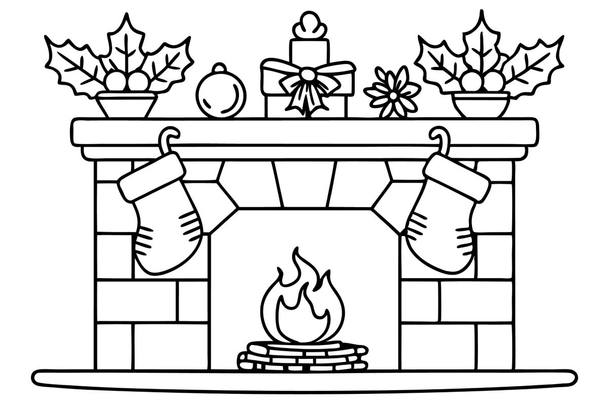 Lareira com azevinho, velas e meias para colorir