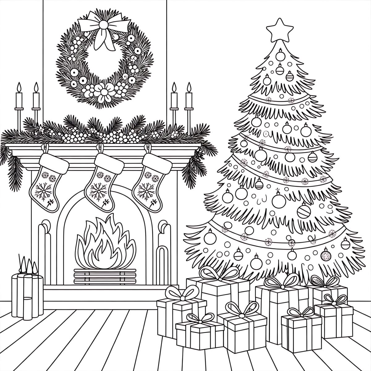 Lareira com guirlanda ao lado da árvore de Natal para colorir
