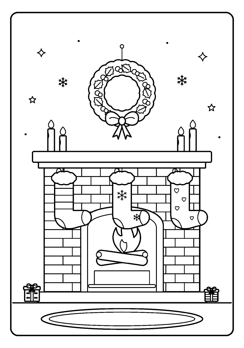 Lareira com guirlanda, velas e tapete para colorir