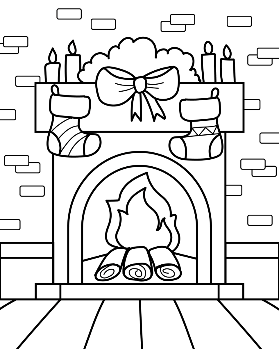 Lareira com laço, velas e meias penduradas para colorir