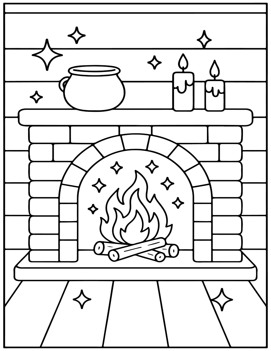 Lareira de tijolos com velas e caldeirão para colorir