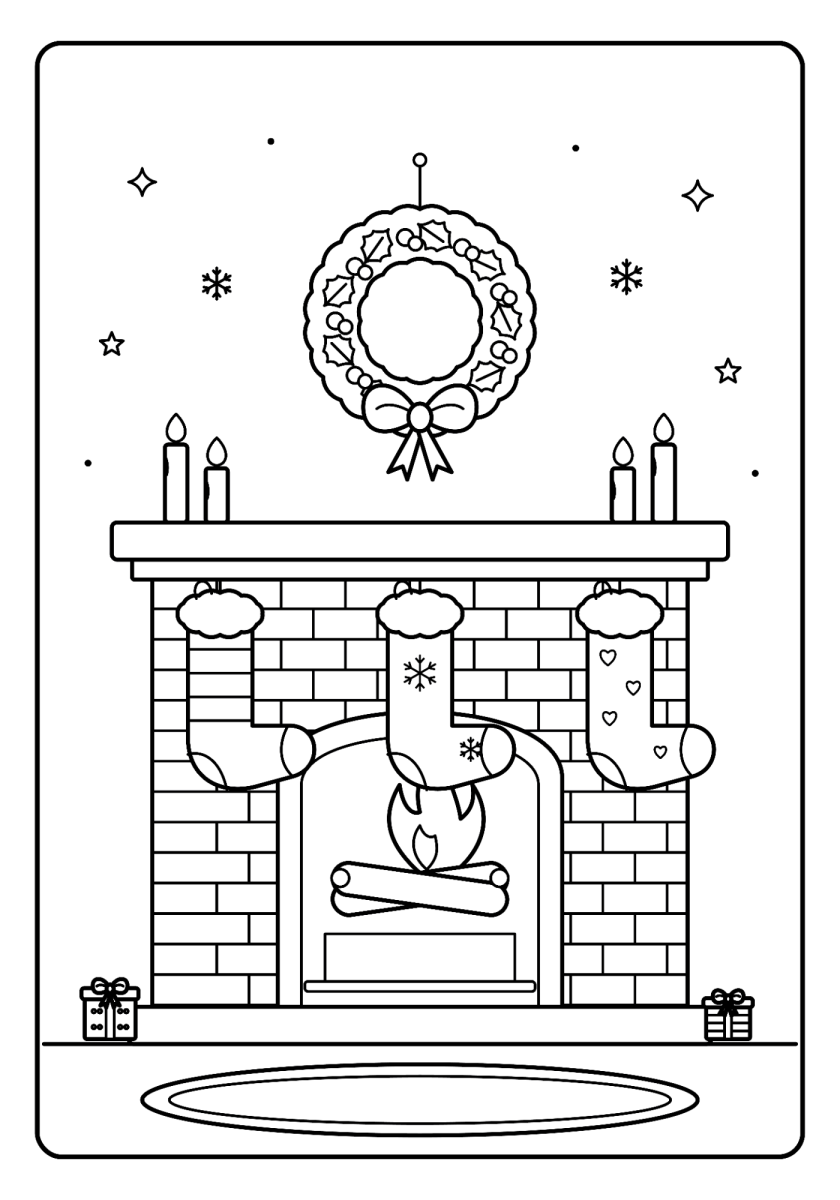 Lareira decorada com guirlanda e meias de Natal para colorir