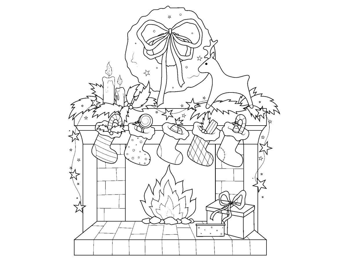 Lareira decorada com meias e guirlanda para colorir