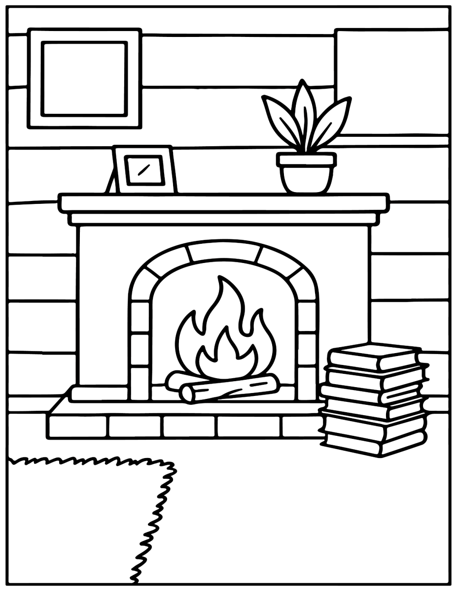 Lareira moderna com livros e vaso de planta para colorir