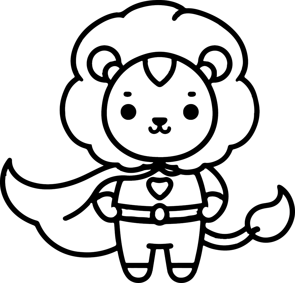 Leão super-herói kawaii de capa para colorir