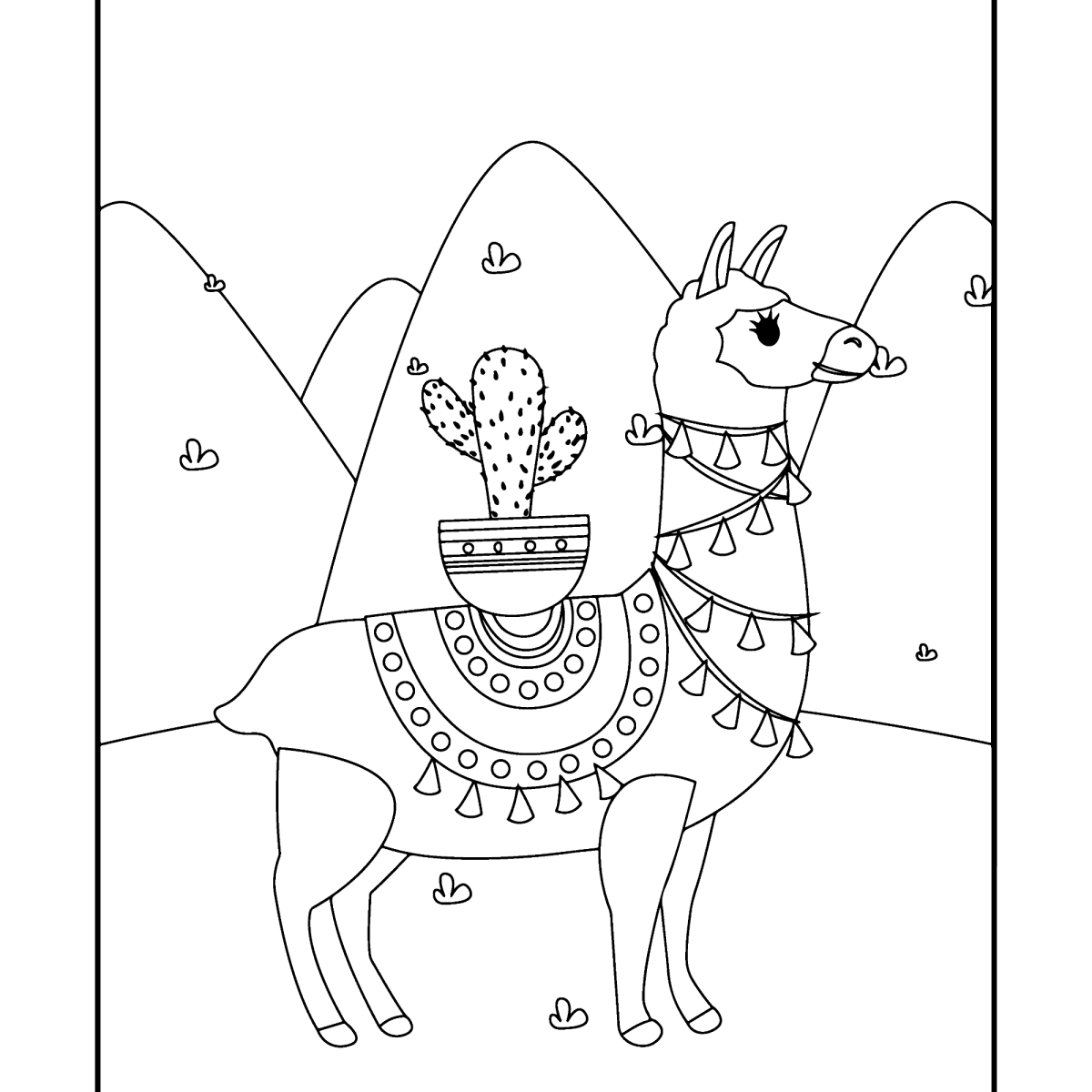 Lhama carregando um cacto nas montanhas para colorir