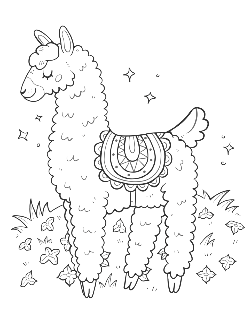 Lhama com manta e flores para colorir