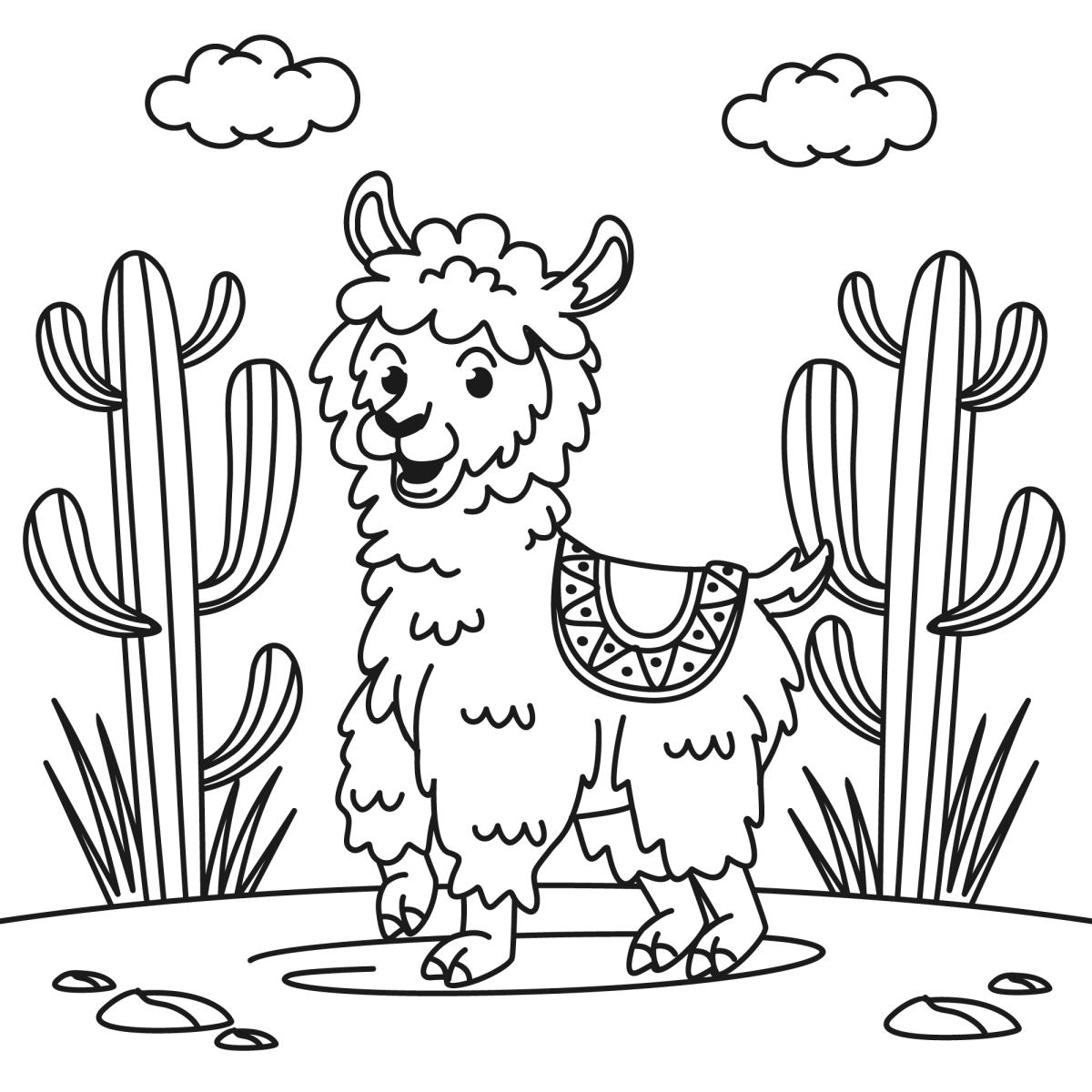 Lhama com manta entre os cactos para colorir