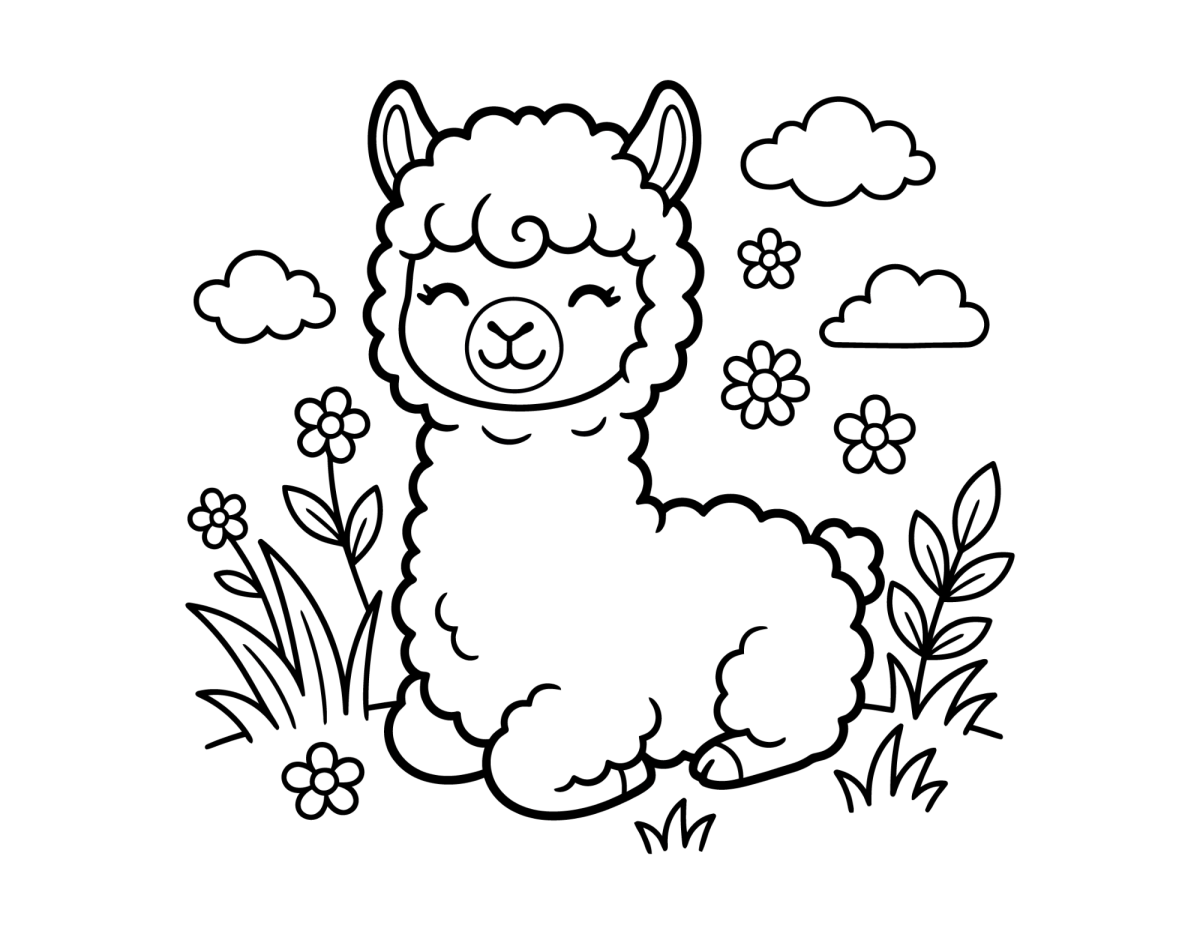 Lhama sorridente deitada entre flores para colorir