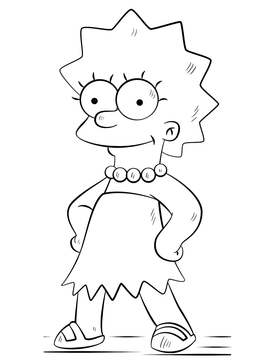 Lisa Simpson de pé com seu vestido de estrelas para colorir