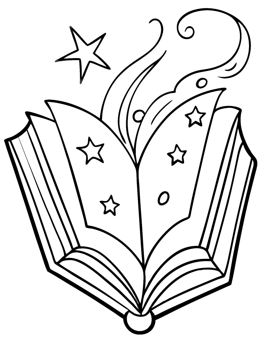 Livro aberto com estrelas e fumaça mágica para colorir