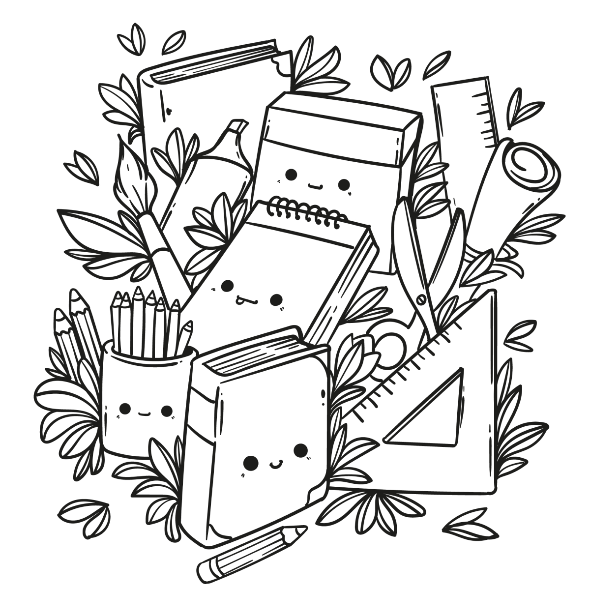 Livros kawaii com lápis, régua e folhas para colorir