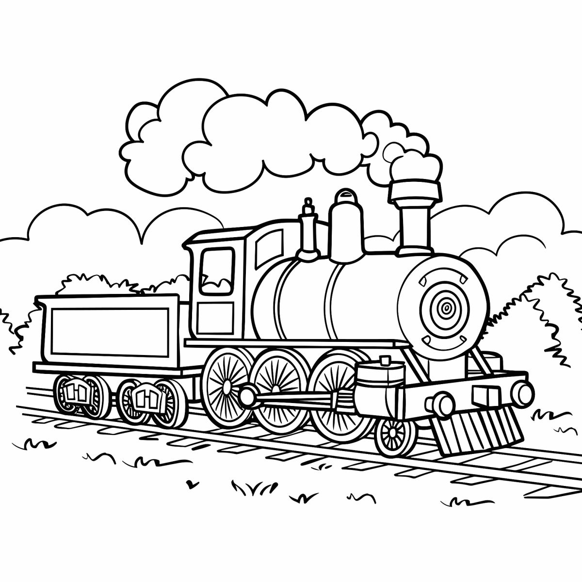 Locomotiva a vapor soltando fumaça para colorir