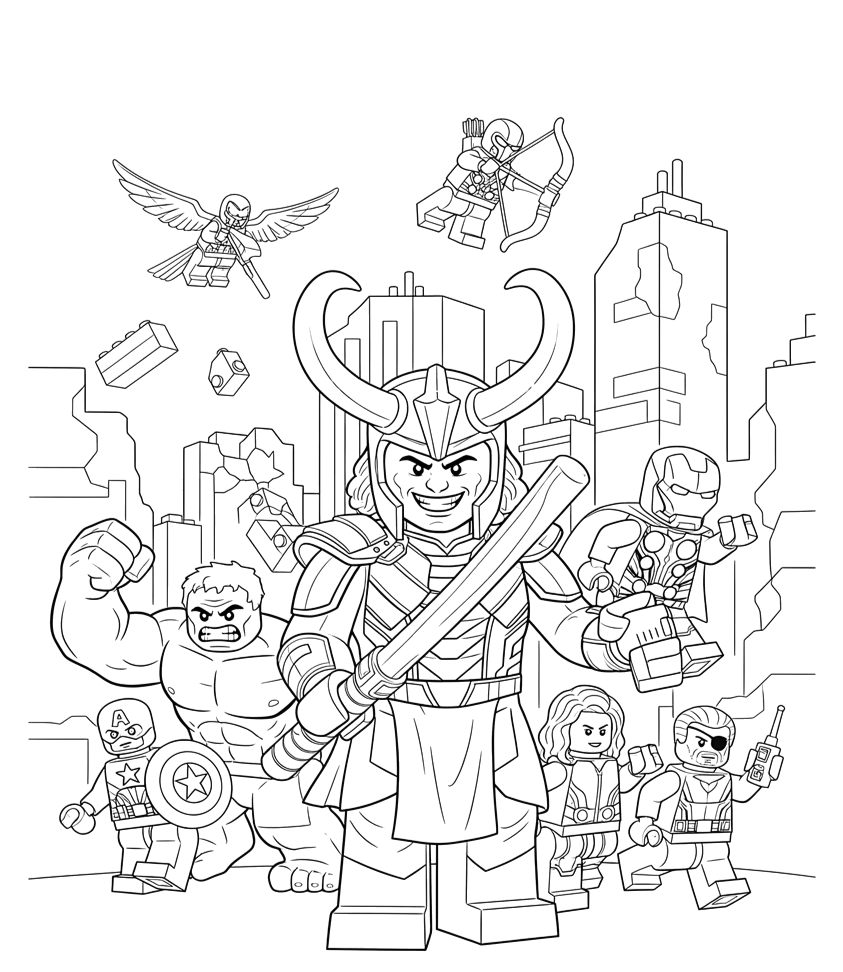 Loki em versão LEGO com seu cetro para colorir