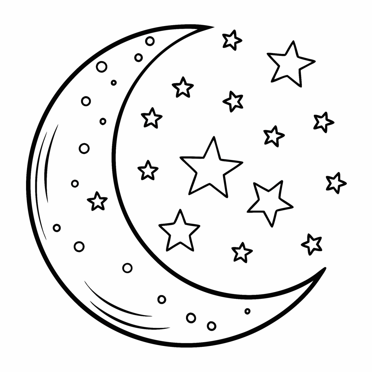 Lua crescente com chuva de estrelas para colorir