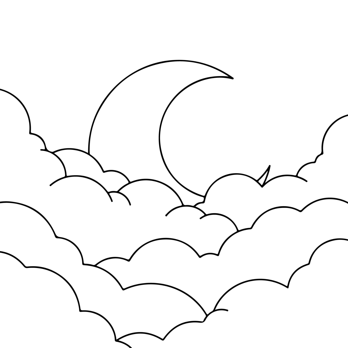 Lua crescente surgindo entre as nuvens da noite para colorir