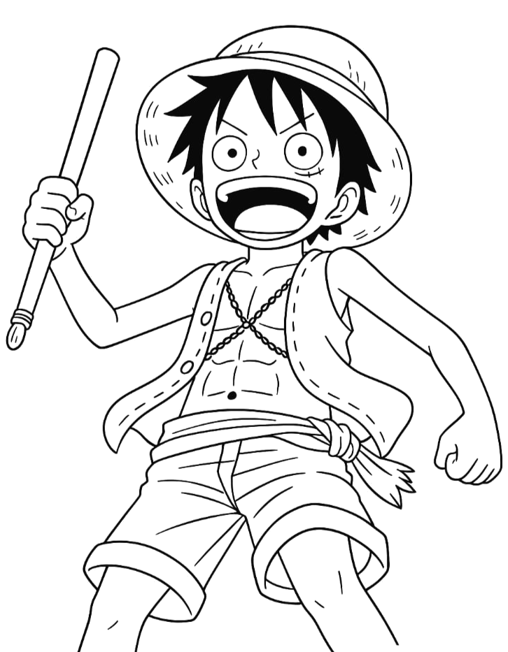 Luffy com um bastão em pose de luta para colorir