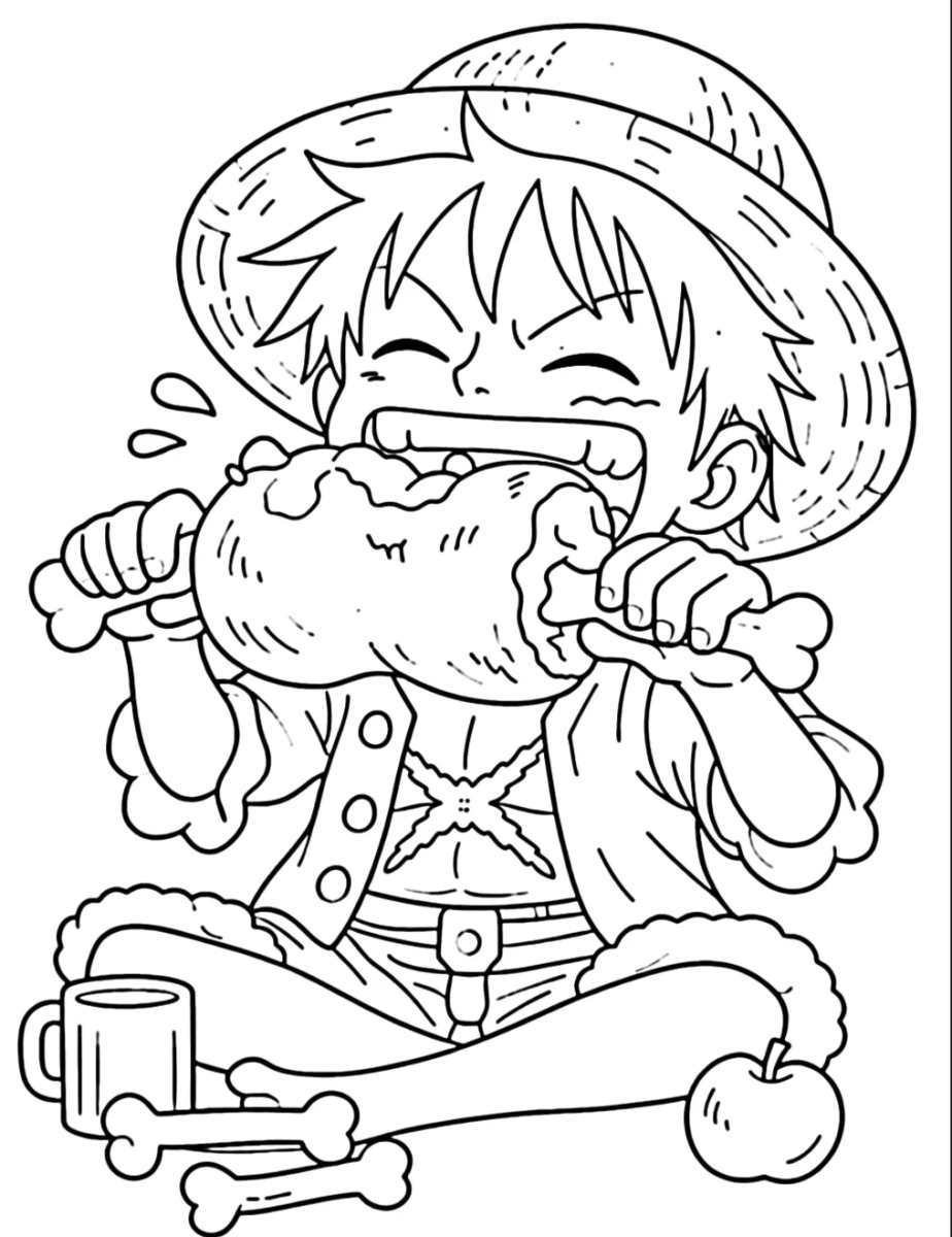 Luffy devorando um pedaço de carne para colorir