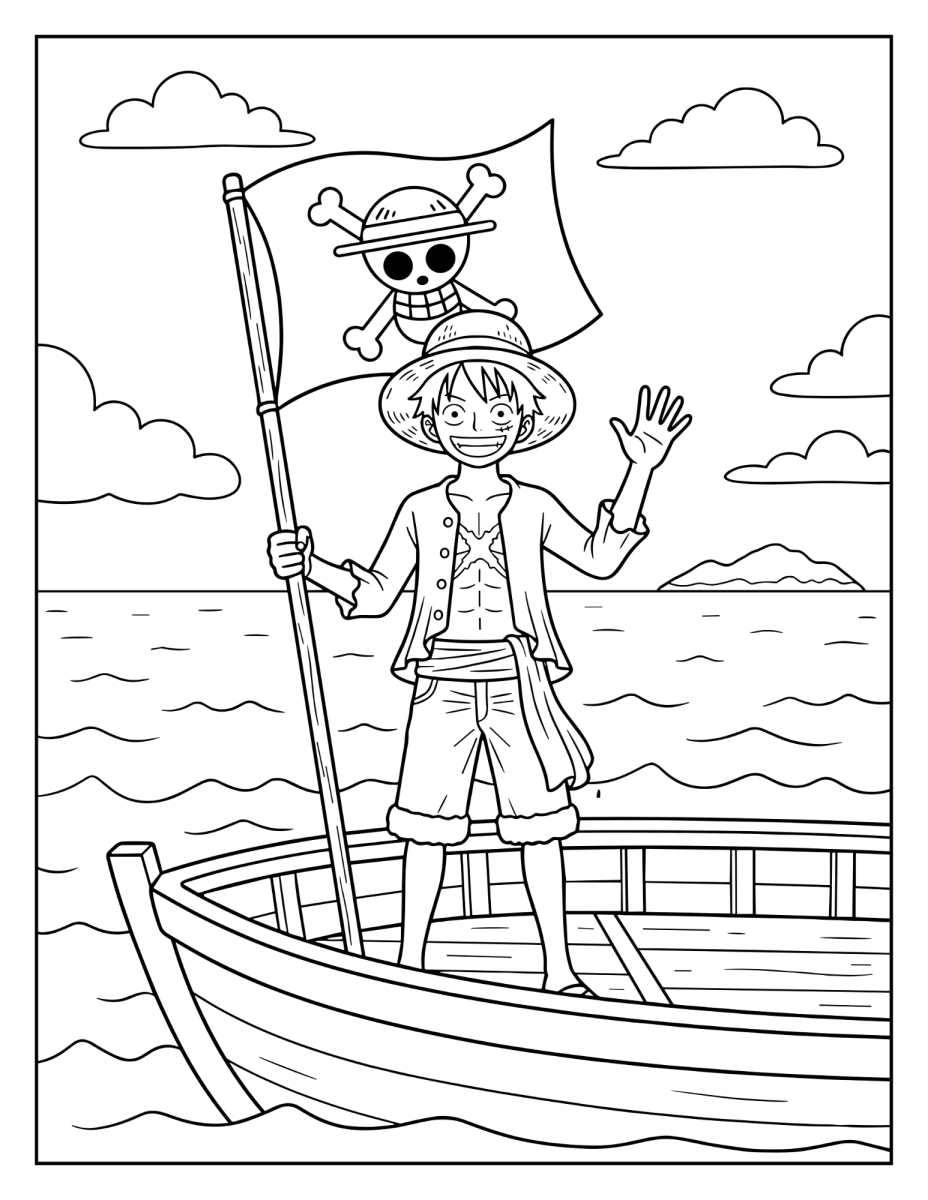Luffy no barco com a bandeira pirata para colorir