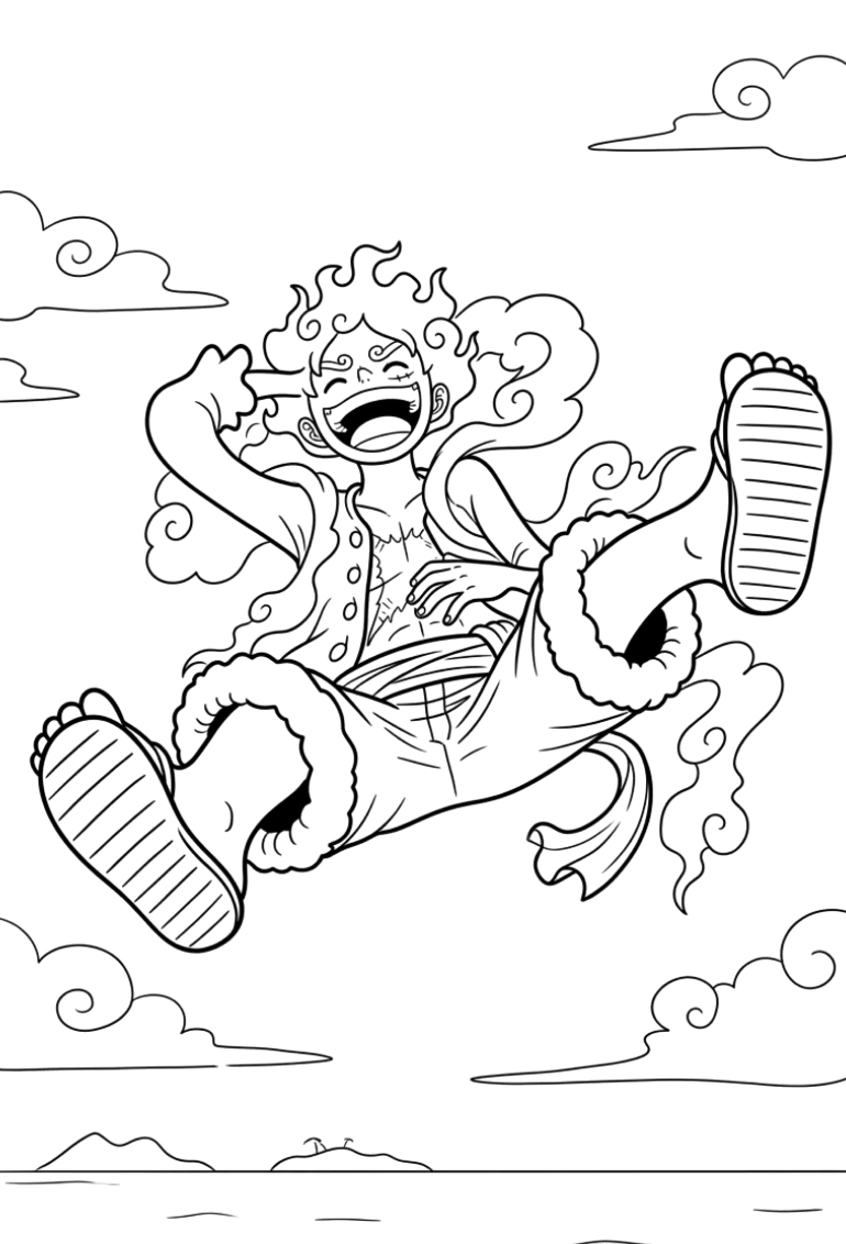 Luffy no Gear 5 saltando entre nuvens para colorir