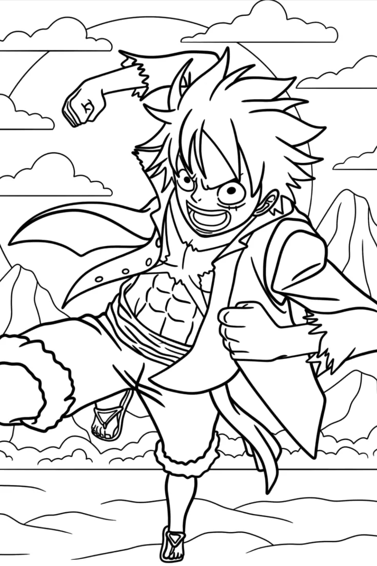 Luffy saltando com o punho erguido para colorir