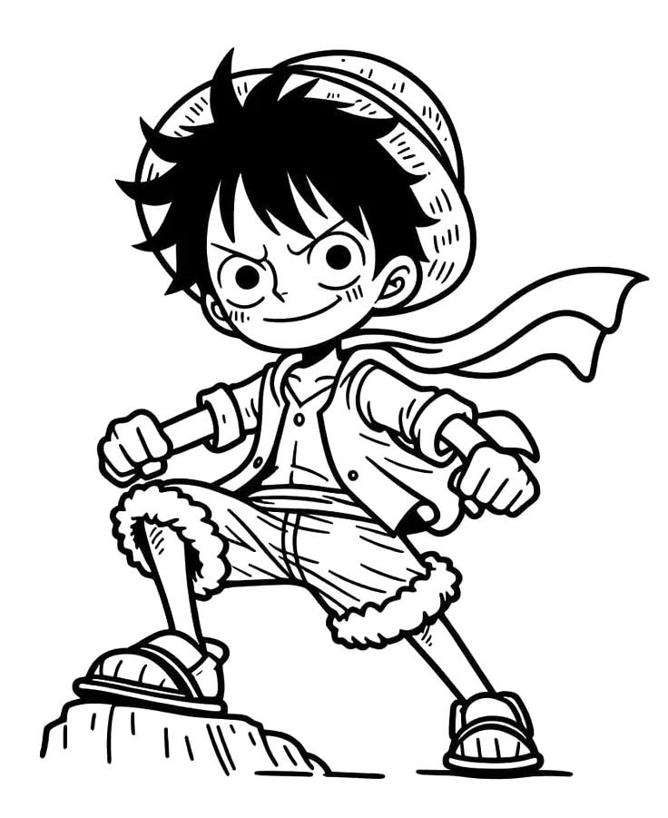 Luffy versão chibi em cima da rocha para colorir