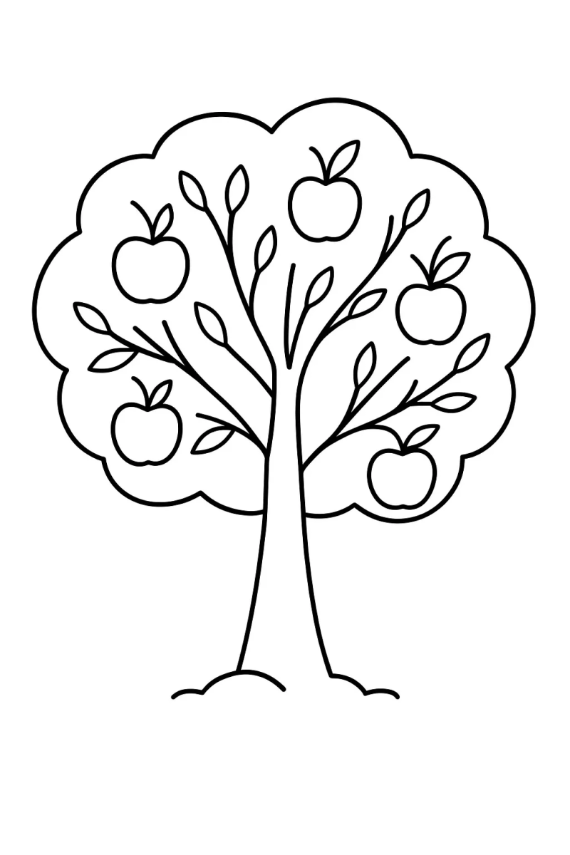Macieira cheia de maçãs para colorir