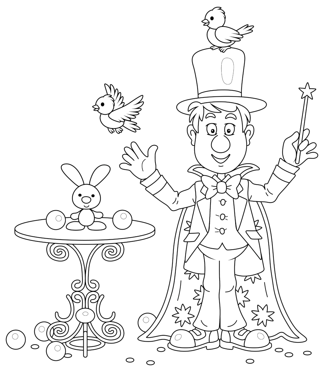 Mágico de circo com coelho, pombo e cartola para colorir