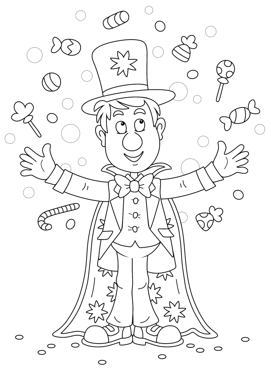 Mágico de circo fazendo malabarismo com doces para colorir