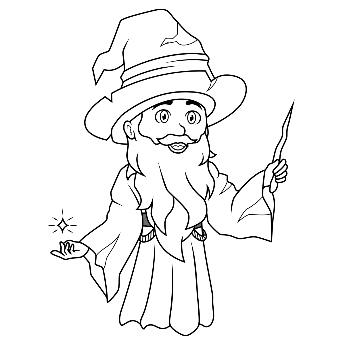 Mago de barba longa segurando a varinha mágica para colorir