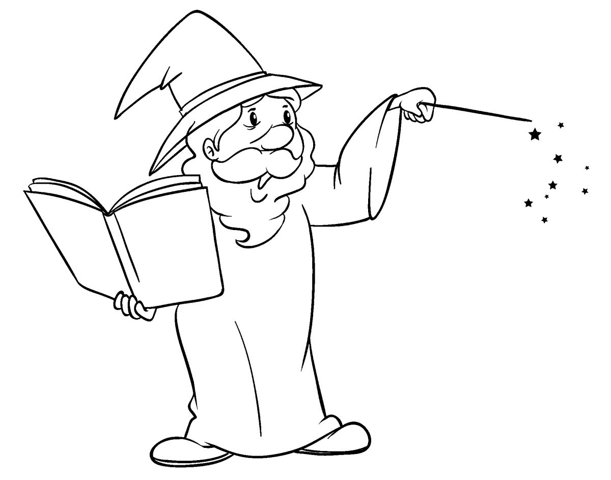 Mago lendo o livro de feitiços e apontando a varinha para colorir
